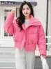 Frauen Daunen Parkas Winter Verdicken Dünne Kurze Jacke Koreanische Warme Plüsch Revers Mäntel Casual Baumwolle Übergroßen Rosa Crop Chaquetas 231031