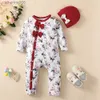 Jumpsuits 0-18 maanden pasgeboren baby meisje romper kleding lange mouw bloem bodysuit kostuum mooie baby lente jumpsuit outfit met hoedL231101