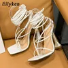 Toppkvinnor Gladiator Knee High Sandals Open Toe Lace Up Cross Strappy Sandals Women High Heels Fashion Sexy Shoes 230306