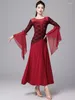 Stage Wear Blue Red Ballroom Dance Performance Dress Women Professional Competition Flare Sleeve Tango Waltz Clothing DL11052