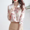 Kvinnors blusar Spring Autumn Polo-Neck Pink Floral Printing Sweatshirt Damer Långärmad elegant mode All-Match-knappar Blus Top