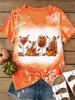 Women's T Shirts 2023 Autumn Halloween Pumpkin Wine Glass Bleached V-Neck T-Shirt Tee Fashion Tops Short Sleeve Oversized Y2k Streetwear