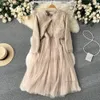 2023 Tvådelt klänning Spring Autumn Elegant 2-stycken Set Overaller klänning Kvinnor Bow Collar White Shirt Topp Oregelbunden blommor Tryck V-hals Vest Dress