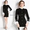 Basic & Casual Dresses Casual Dresses French Elegant Slim Stand Collar Flare Sleeve Women Splicing Work Wear Dress Professional Ladies Dhbue