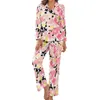 Ropa de dormir para mujer, pijamas con estampado Floral rosa, conjuntos de pijama Retro de dos piezas con hojas verdes de otoño, personalizado de hogar de manga larga con cuello en V