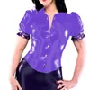 Kvinnors blusar Sexig Slim Turn-down Collar Womens Blus Sissy Fetish PVC Leather Kort ärmknappar Skjortor Eleganta Office Ladies Tops