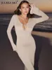 Casual Dresses Brilliant Silk Long Sleeve Bandage V-Neck Maxi Dress For Women Autumn Hollow Out Party Clubwear Outfits