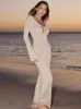 Robes décontractées Brillant Soie À Manches Longues Bandage V-cou Maxi Robe Pour Femmes Automne Creux Out Party Clubwear Tenues