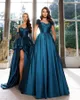 Robe de soirée élégante bleue grande taille pour femme, épaules dénudées, plis en plumes, drapée en satin, robe de bal, vêtements de cérémonie, anniversaire, occasions spéciales