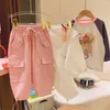 Trousers 2023 Spring Autumn Children Girls Pants Cotton Pockets Drawstring Elastic Waist Overall Loose Stretch Infant