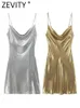 Grundläggande avslappnade klänningar Zevity 2023 Summer Women Shinning Metallic Color Sling Mini Dress Female Chic Pleat Design Slim Party Vestidos DS5000 231031