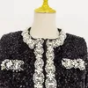 Women's Jackets High Street 2023 Fashion Fall Winter Womens Full Sleeve Embroidered Flares Diamonds Feathers Sequins Pearls Black Jacket