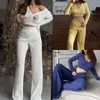 Pantalones de dos piezas para mujer, Top con cuello en V, conjunto largo, traje de punto acanalado con un solo pecho, traje de vacaciones de estilo informal ahuecado