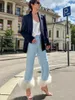 Jeans pour femmes Mode Femmes Denim Pantalon Taille Haute Épissé Plume Bleu Clair Fermeture À Glissière Lâche Droite Coton Pantalon Automne 2023