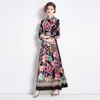 Vintage Floral Maxi Dress Women Designer Long Sleeve Lapel Button Front Bow Belted Ruched Dresses 2023 Spring Autumn Chic Runway Vacation Slim A-Line Party Frocks