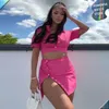 Werkjurken 2023 Sensueel Sexy Roze Korte Mouw Poloshirt Top Pak Zomer Knop Wrap Heup Halve Jurk Feest Nachtclub Mini 2 Stuks Set