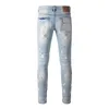 Jeans viola di marca viola Jeans da uomo High Street Pantaloni in denim blu con foro rotto Pantaloni lavati slim fit effetto consumato