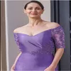 Modest Purple satin Mother of the Bride Dresses Suits-Dress Off The Shoulder Short Sleeves Mermaid Floor Length Evening Dress