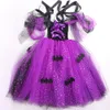 Cosplay Sparkly Witch Halloween Costumes for Girls Purple Black Bat Long Tutu Dress for Kids Carnival Cosplay Outfit with Broom Hat 230331