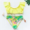 New 2022 Girls Swimsuit 5-14Y Swimsuit Ruffle Style Two Piece Children's Swimwear Yellow Floral Swimsuit For Girl Bathing Suit SwimTwo-Piece Suits girls ruffle