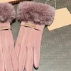 Luxury Fur Gloves for Women Metal Letter Wool Mittens Autumn Winter Warm Cashmere Gloves Outdoor Windproof Plush Ski Glove