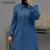 Ethnic Clothing Women Denim Dress 2023 Blue Fashion Long Button Lace Up Dresses Islamic Elegant Ladies Muslim Robe