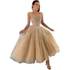 Gorgeous A Line Prom Dresses Square Neck Beaded Glitter Party Evening Dress Tea Length dresses for special occasions