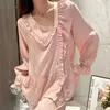 Women's Sleepwear Women Sweet Ruffle Doll Collar Trouser Suit Satin Jacquard Pajamas Set Loose Nightwear Spring Autumn Home Wear