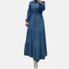 Ethnic Clothing Women Denim Dress 2023 Blue Fashion Long Button Lace Up Dresses Islamic Elegant Ladies Muslim Robe