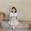 Ensembles de vêtements pour filles, jupe plissée, printemps coréen, chemise à col en dentelle, robe à bretelles, costume pour enfants coréens