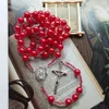 Pendentif Colliers QIGO Rouge Imitation Perle Chapelet Collier Longues Perles Brin Croix Bijoux Religieux