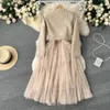 2023 Two Piece Dress Spring Autumn Elegant 2 Piece Set Overalls Dress Women Bow Collar White Shirt Top Irregular Flower Print V-Neck Vest Dress