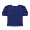 Kvinnors T -skjortor Puff Sleeve Top Rib Stick Square Neck Topps Women Blue Summer Short Sleeped