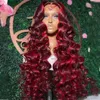Brasileiro 99j vermelho escuro gluless destaque peruca solta onda profunda perucas de cabelo humano 13x4 perucas frontais do laço perucas de fechamento de onda de água