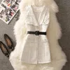 Two Piece Dress Vintage Mid-length 75cm Plaid Tweed Vest Jacket Women 2 Piece Set Elegant Pearl Button Belted V Neck Waistcoat Knitted Sweater 231031