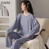 Kvinnors sömnkläder Sukae Waffle Cotton Korean minimalistisk stil Kvinnor Pyjamas vårens höstlånga ärmar Lady Kawaii runda hals hem 231031