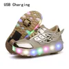 Sneakers Children One Two Wheels Luminous Glowing Sneakers Gold Pink Led Light Roller Skate Shoes Kids Led Shoes Boys Girls USB Charging 230331