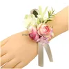 Decorative Flowers Wreaths Decorative Flowers Artificial Rose Bridegroom Wedding Brooch Bridesmaid Sister Wrist Mens Conference Part Dhqmi