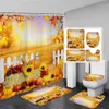 Shower Curtains Fall Maple Leaves Shower Curtain Set Sunflower Pumpkin Farm Wooden Plank Autumn Bathroom Decor Rugs Bath Mats R231101