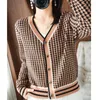 Women's Knits V-Neck Small Fragrant Knitted Cardigan Women's Autumn And Winter Loose Outwear Thousand Bird Grid Long Sleeve Sweater