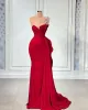 Plus Size One Shoulder Mermaid Sexy Prom Dresses Arabic Aso Ebi Red Beaded Crystals Satin Evening Formal Party Second Reception Bridesmaid Gowns 1101