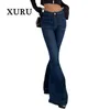 Damesjeans XURU Europese en Amerikaanse hoge taille elastische strakke slijtage blauwe vloer flare broek lang K5 6805 231101