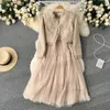 2023 Tvådelt klänning Spring Autumn Elegant 2-stycken Set Overaller klänning Kvinnor Bow Collar White Shirt Topp Oregelbunden blommor Tryck V-hals Vest Dress