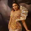Plus Size Gold Aso Ebi Ballkleider Meerjungfrau One Shoulder Asymmetrischer Tüll Perlen Rehinestone African Nigeria Glitzer Abendkleid Kleider für den zweiten Empfang