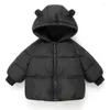 Down Ceket kış artı kadife sıcak kapüşonlu pamuklu ceket 1-7 yaşındaki erkek kız Korece versiyonu kalınlaşan 2023 moda çocuk giyim