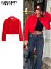 Tvådelt klänning Lapel Pocket Red Jacket Women 2023 Autumn Winter Long Sleeve Single Breasted Casual Short Coat Elegant Office Lady Tops 231031