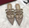 Brand designer women's sandals rivet slippers women's summer half-cap toe sandals fashion sandals women's pointed toe flat bottom genuine leather belt dust bag