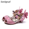 Sandalen Prinzessin Mädchen Sandalen Kind Schmetterling Diamant High Heel Kinder Glitter Latin Dance Pailletten Schuhe Sommer Mädchen Party Kristall Schuh 230331