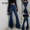 Damesjeans XURU Europese en Amerikaanse hoge taille elastische strakke slijtage blauwe vloer flare broek lang K5 6805 231101