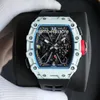 RM35-03 Wit koolstofkwarts TPT Herenhorloge Automatisch opwindbaar Luxe blauwe sporthorloges Skeleton Dial Zwitsers Tonneau-polshorloge Saffierkristal Waterdicht